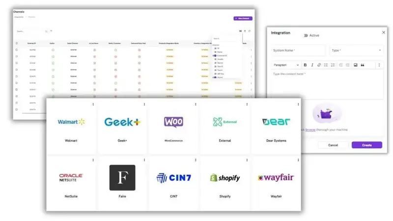 Osa Zero integration screens connecting channels such as Walmart, NetSuite, Shopify and Wayfair