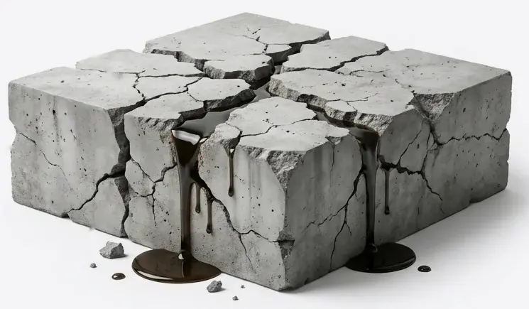 Cracked concrete block leaking oil, showing how small fulfillment gaps break heavy-goods operations